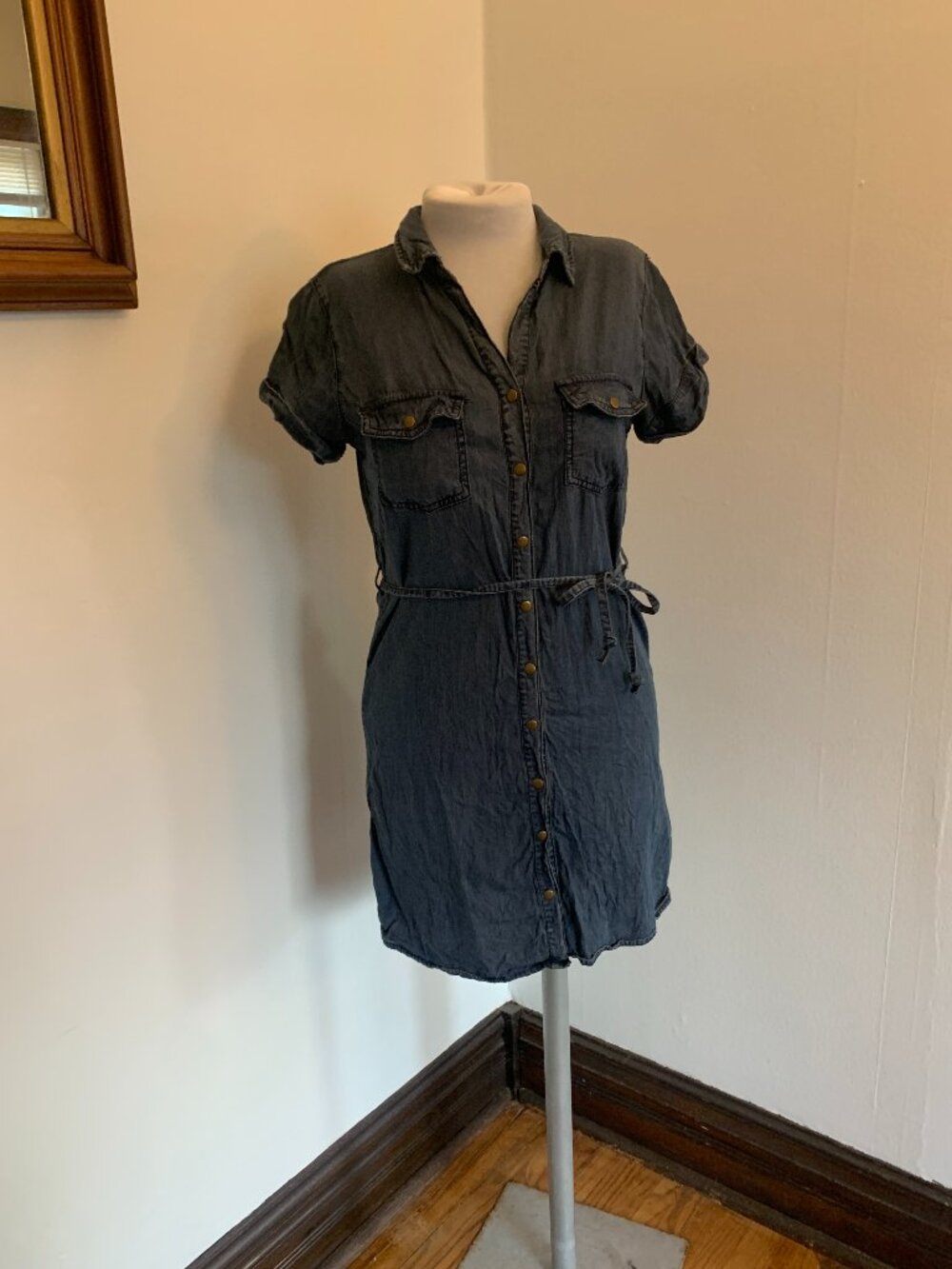 Maurices Denim Blue Jean Belt Tie Snap Dress Boho Western Stretch Lace Detail S